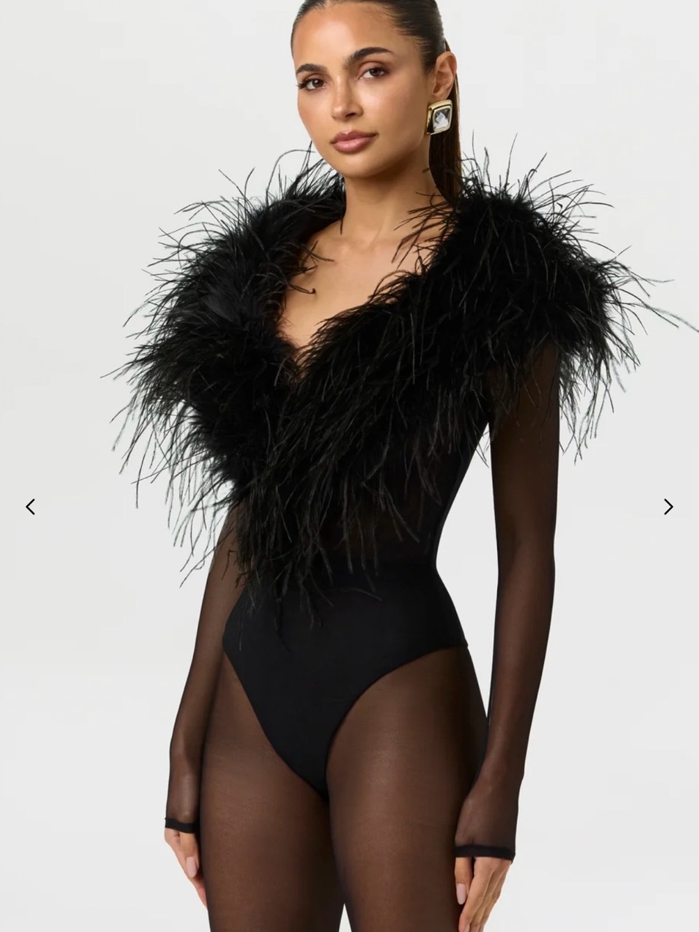 naked wardrobe Black Feather-Trim V-Neck Bodysuit
